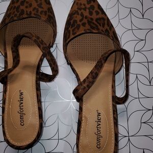 comfortview Leopard Print Pointed Toe Slip-On Mules in Brown&Black